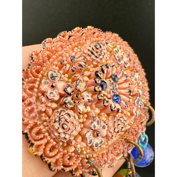 Vintage Celluloid Brooch Plastic Pink Beaded‎ Rhinestone Blue - Picture 3 of 8